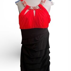 Coral and Black Dress with Embellished Neckline